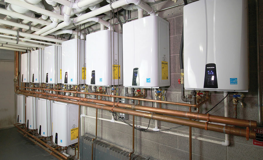 a room of tankless water heaters