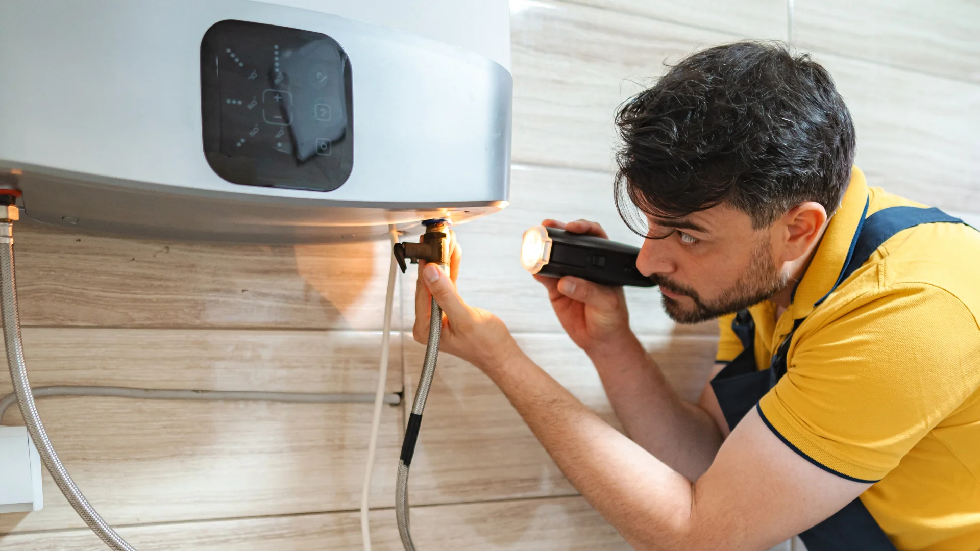 Plumber inspecting residential water heater for sediment buildup causing rumbling noise